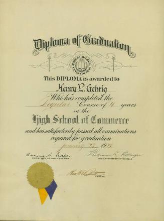 Lou Gehrig High School diploma, 1921 January 27