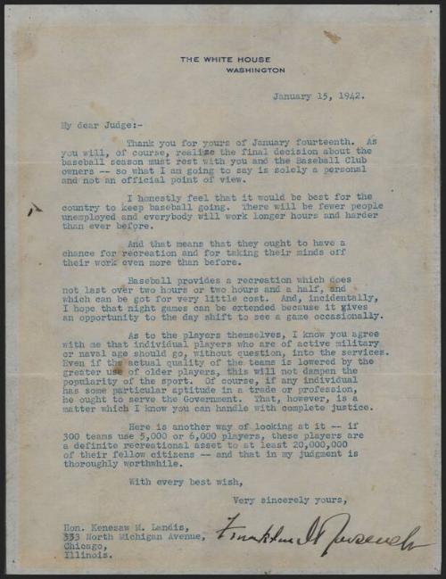 Letter from Franklin Roosevelt to Kenesaw Mountain Landis, 1942 January 15