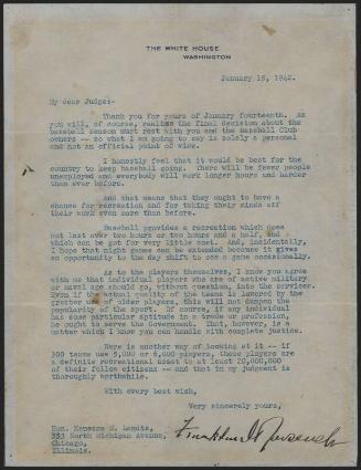 Letter from Franklin Roosevelt to Kenesaw Mountain Landis, 1942 January 15