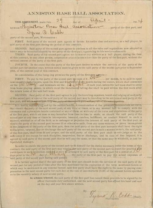 Ty Cobb Anniston Baseball Association agreement, 1903 April 29
