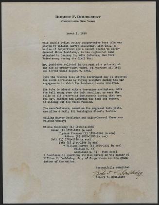 Letter from Robert Doubleday to the National Baseball Hall of Fame, 1939 March 01