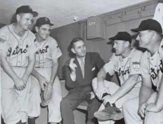 Charlie Gehringer, Jerry Priddy, Aaron Robinson, Red Rolfe and Dizzy Trout Dugout photograph, 1…