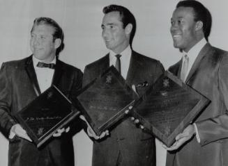 Sandy Koufax, Mickey Mantle, and Mudcat Grant Group photograph, 1966 January 16
