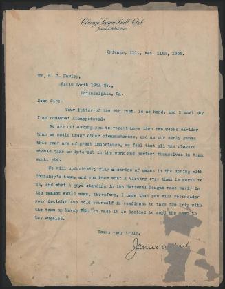 Letters from James A. Hart to Dick Harley and Chicago Leage Ball Club Players, 1903 February 11…