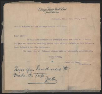 Letters from James A. Hart to Chicago League Ball Club Players and Dick Harley, 1903 February 1…