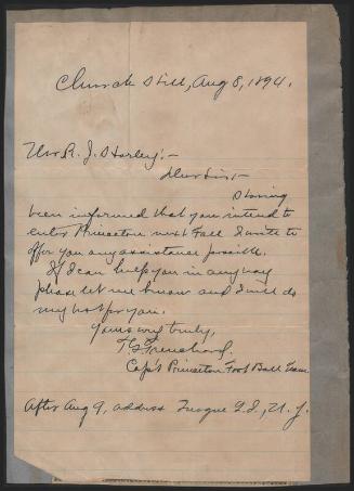 Letter from Princeton Football Team to R. J. Harley, 1894 August 08