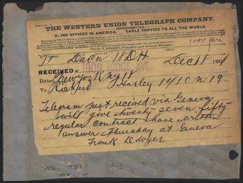 Telegram from Frank Dwyer to Dick Harley, 1901 December 18