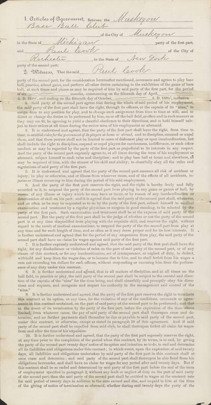 Paul Cook and Muskegon Base Ball Club Articles of Agreement, 1883 October 27
