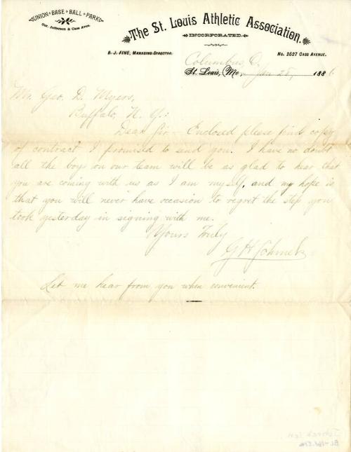 Letter from G. H. Johnek to George Myers, 1886 January 28