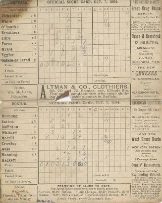 Boston Beaneaters versus Buffalo Bisons scorecard, 1884 October 07