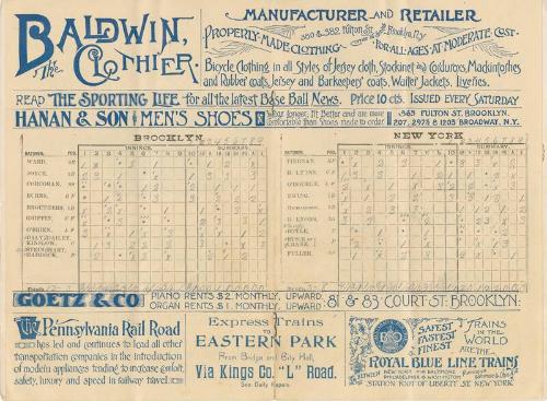 New York Giants versus Brooklyn Grooms scorecard, 1892 June 28