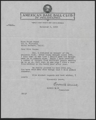 Letter from Connie Mack to Helen Buque, 1950 November 02