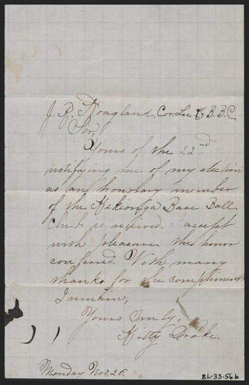 Letter from Kittie Drake to John R. Hoagland, 1866 November 26