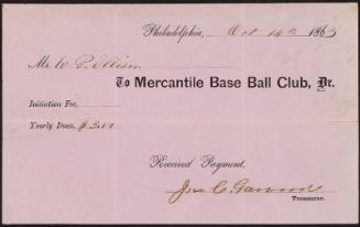 Mercantile Base Ball Club Dues receipt, 1863 October 14