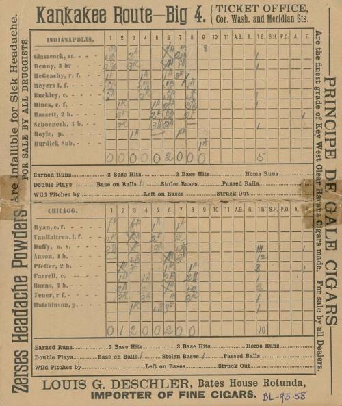 Chicago White Stockings versus Indianapolis Hoosiers scorecard, 1889 May 01