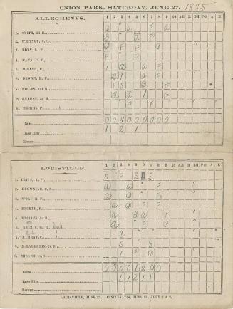 Louisville Colonels versus Pittsburgh Alleghenys scorecard, 1885 June 27