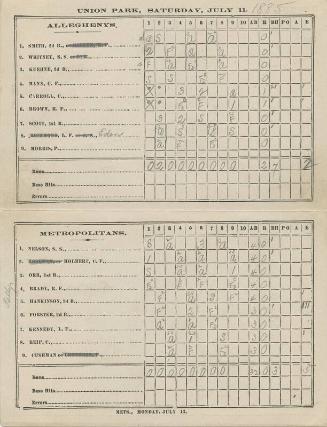 New York Metropolitans versus Pittsburgh Alleghenys scorecard, 1885 July 11