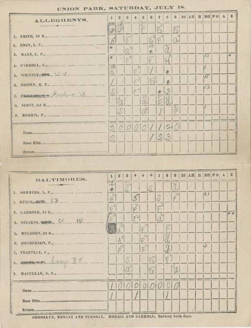 Baltimore Orioles versus Pittsburgh Alleghenys scorecard, 1885 July 18