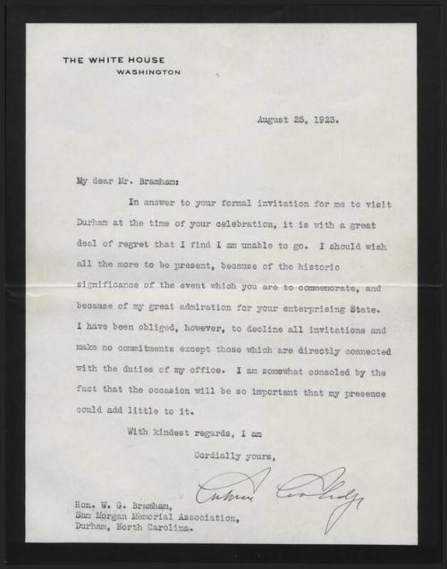Letter from Calvin Coolidge to W.G. Bramham, 1923 August 25