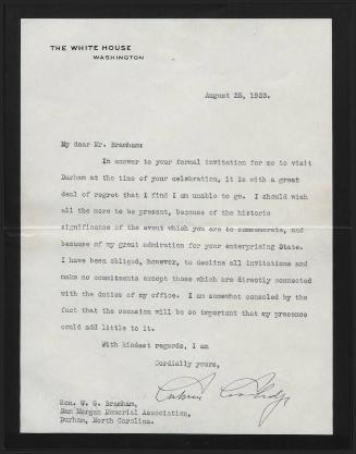 Letter from Calvin Coolidge to W.G. Bramham, 1923 August 25