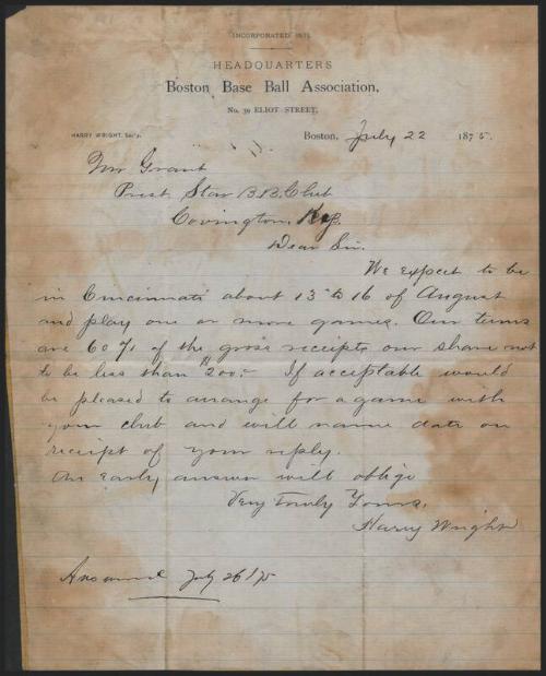 Letter from Harry Wright to William Grant, 1875 July 22