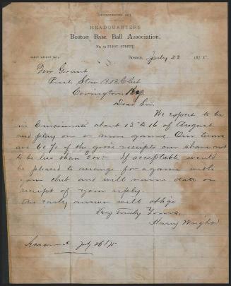 Letter from Harry Wright to William Grant, 1875 July 22