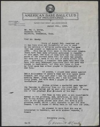 Letter from Connie Mack to William Moody, 1933 August 08