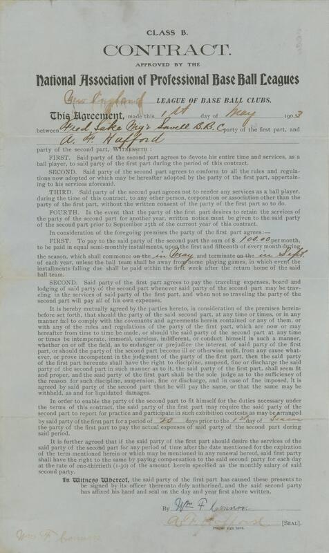 A. F. Hafford Lowell Base Ball Club contract, 1903 May 01