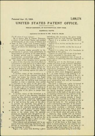 Philip Kennedy Baseball Glove patent, 1924 April 15