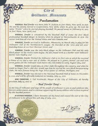 Bud Fowler Day Proclamation certificate, 2022 July 24