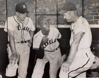 Satchel Paige, Bobby Davies, and Mickey Connolly photograph, probably 1948 or 1949