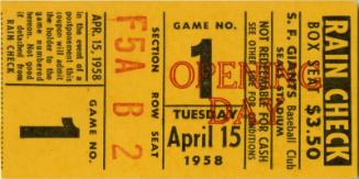 San Francisco Giants versus Los Angeles Dodgers ticket stub, 1958 April 15