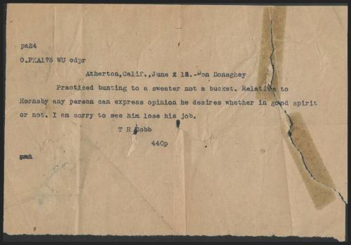 Telegram from Ty Cobb to Evening Bulletin, 1913 June 02