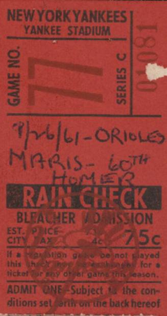 Baltimore Orioles versus New York Yankees ticket stub, 1961 September 26