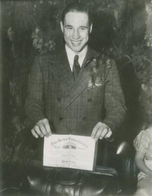 Bob Feller Holding High School Diploma photograph, 1937 May 14