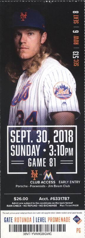 Miami Marlins versus New York Mets ticket, 2018 September 30