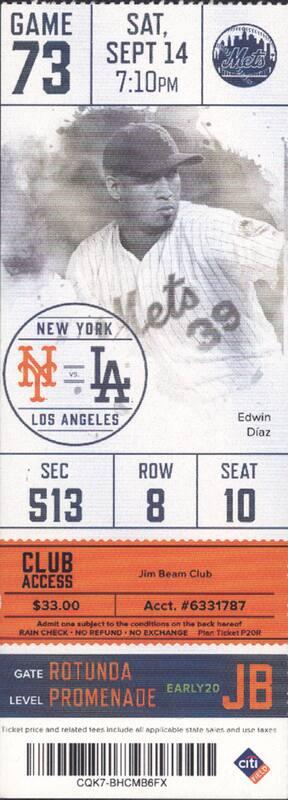 Los Angeles Dodgers versus New York Mets ticket, 2019 September 14