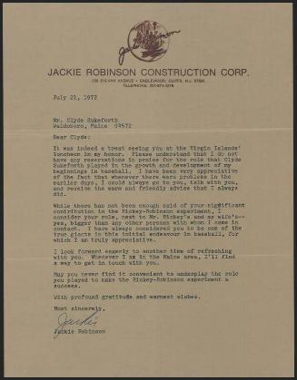 Letter from Jackie Robinson to Clyde Sukeforth, 1972 July 21