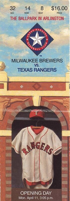 Milwaukee Brewers versus Texas Rangers ticket, 1994 April 11