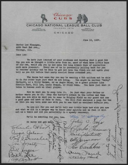 Letter from Chicago Cubs to Lee Flanagan, 1937 June 19