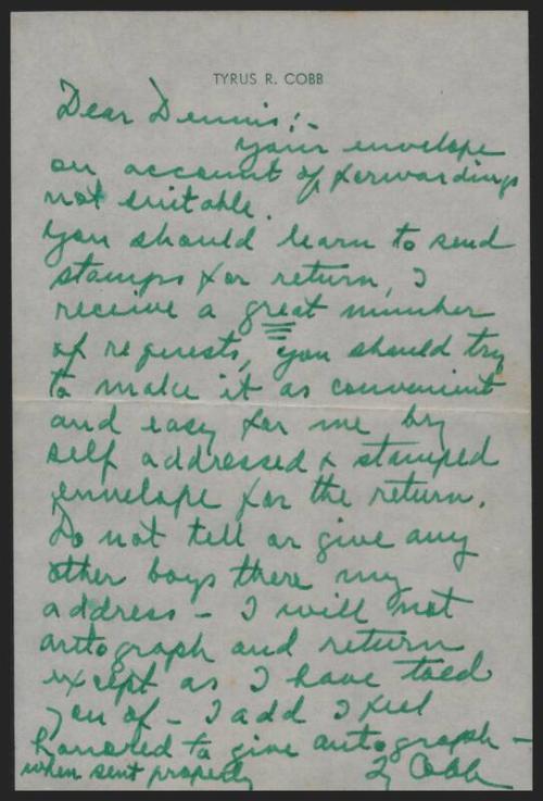 Letter from Ty Cobb to Dennis Sink, 1955