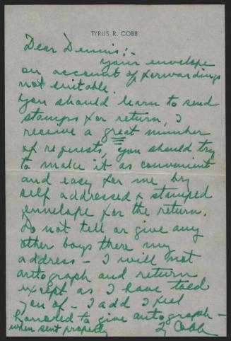 Letter from Ty Cobb to Dennis Sink, 1955