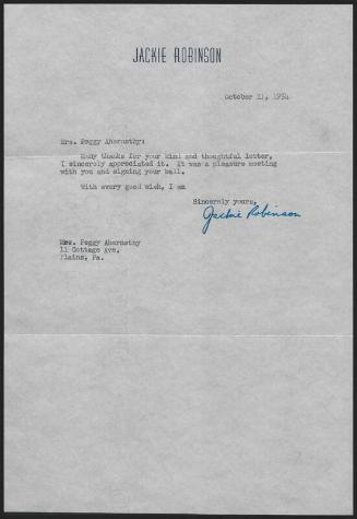 Letter from Jackie Robinson to Peggy Ahernethy, 1954 October 11