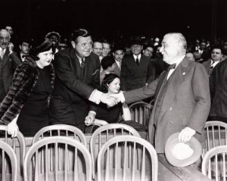 Babe Ruth and Jacob Ruppert Shaking Hands photograph, 1937 October 07