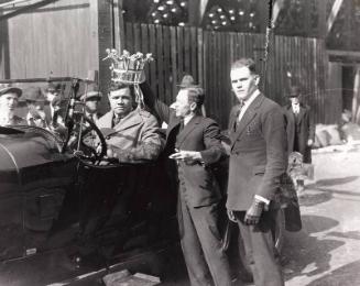 Babe Ruth and Miller Huggins with King of Swat Trophy, 1921 October 15
