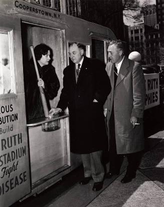 Claire Ruth, Unidentified Man, and Ford Frick at Heart Campaign photograph, 1949 April 26