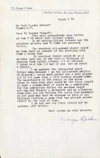 Letter from George Sisler to Curt Vander Schaaff, 1973 March 01