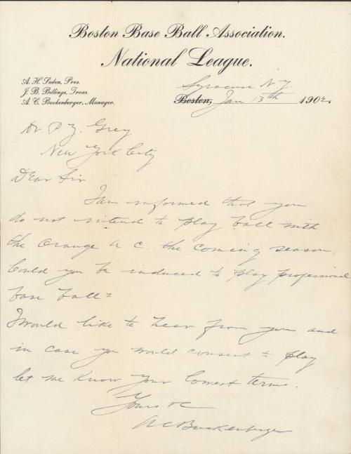 Letter from A. C. Buckenberger to Zane Grey and Team photograph, circa 1898, 1902