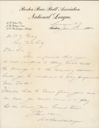 Letter from A. C. Buckenberger to Zane Grey and Team photograph, circa 1898, 1902