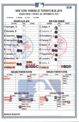 New York Yankees versus Toronto Blue Jays lineup card, 2022 September 28